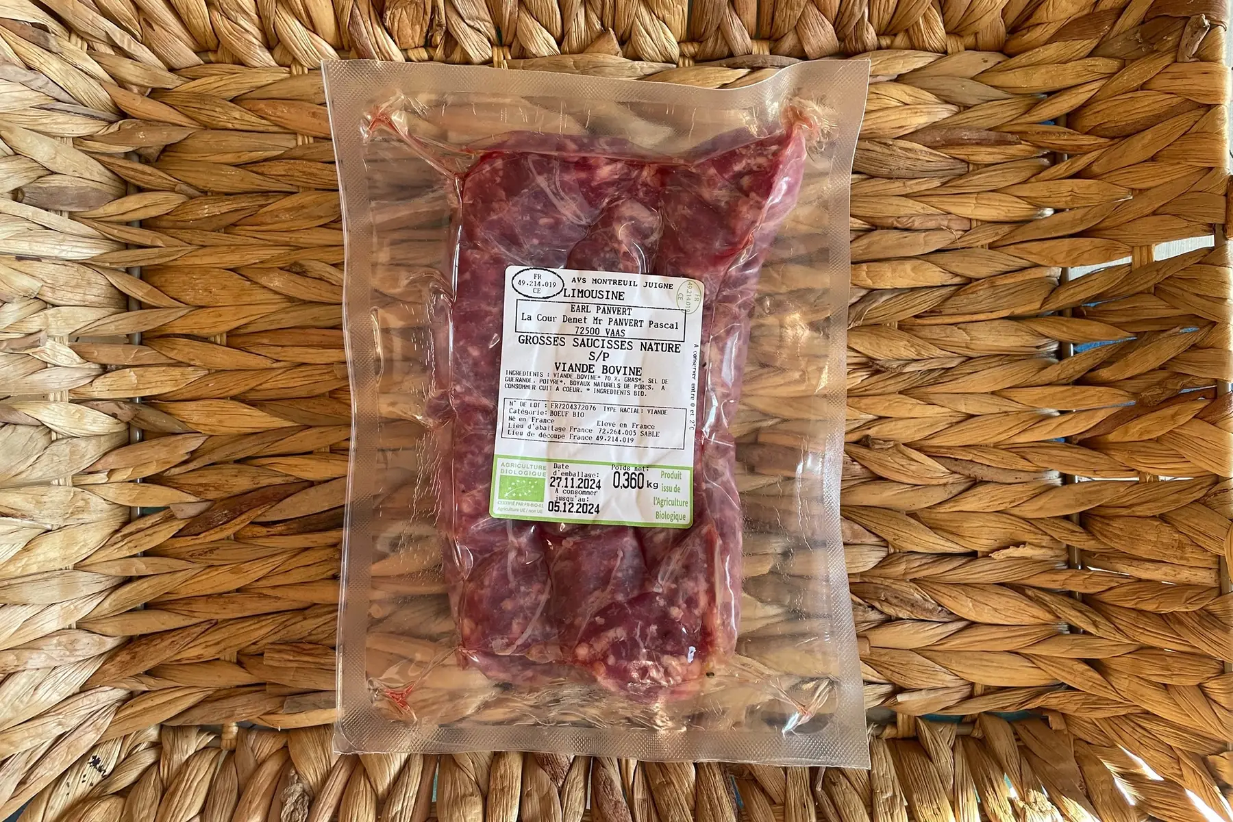 bœuf, lot de 3 grosses saucisses nature