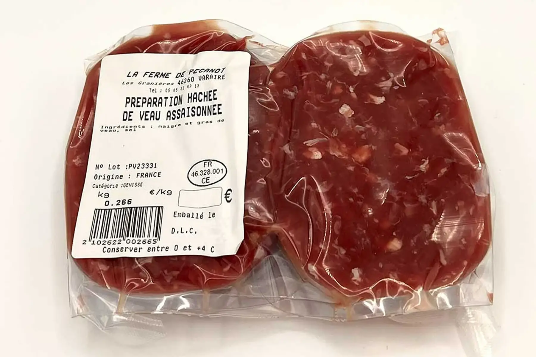 préparation hachée de veau assaisonnée (x2) - 16,45€/kg - environ 250g
