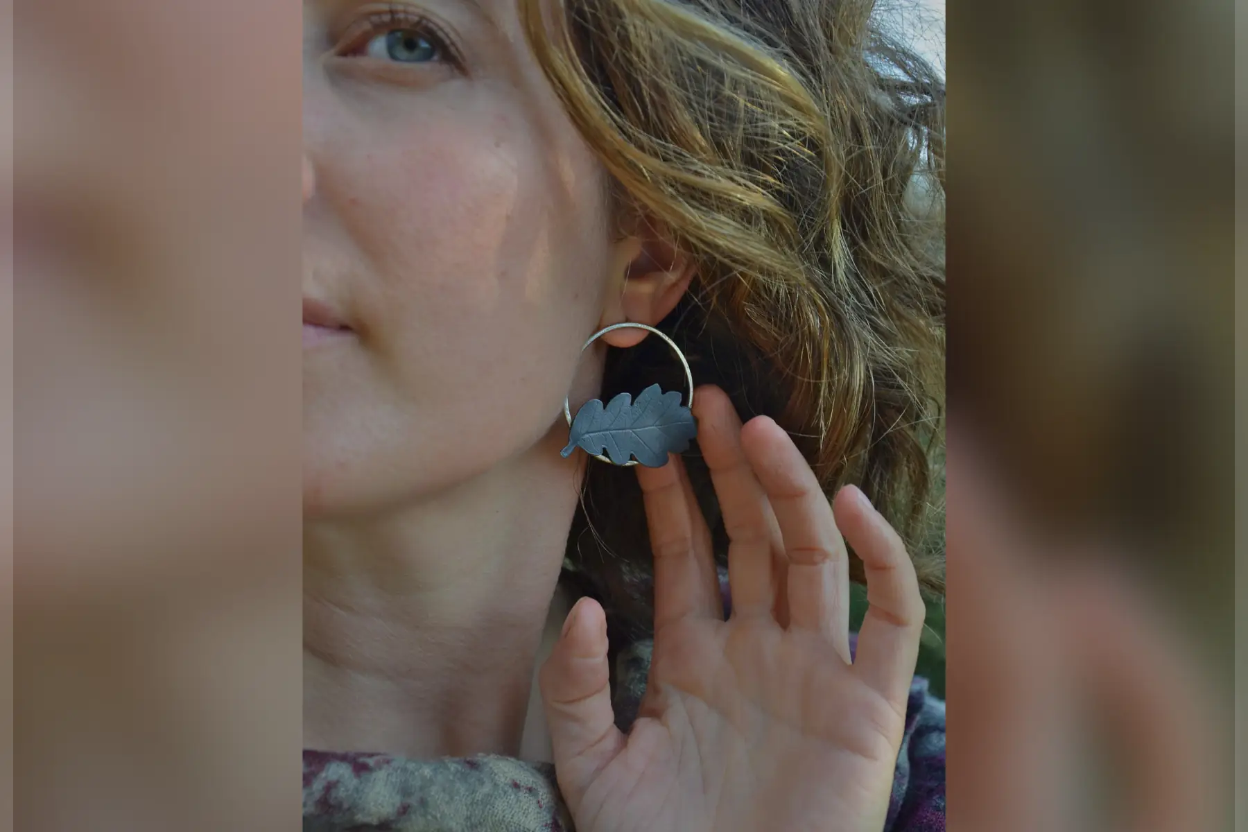 boucles d'oreilles feuilles de chêne, argent 925 et cuivre patiné, créoles