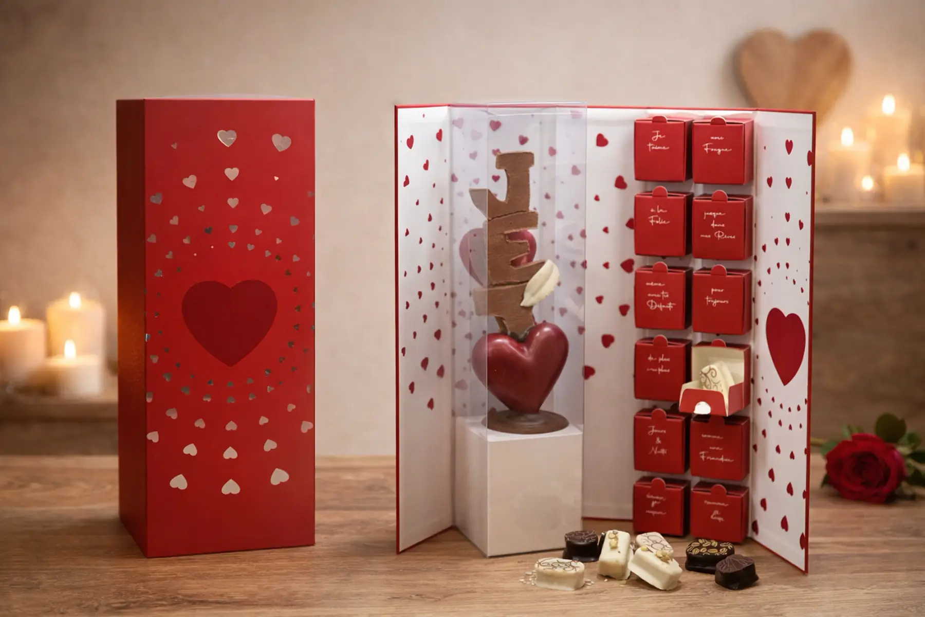 Coffret “Je t’aime” – Sculpture & chocolats garnis
